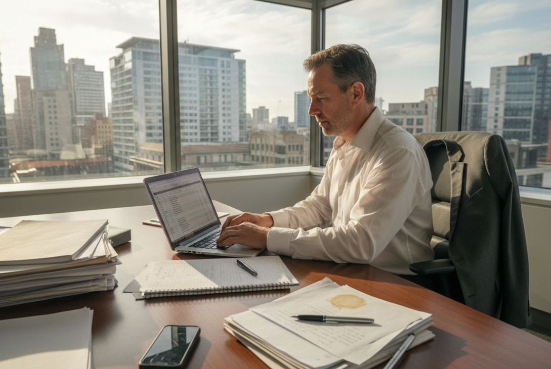 Sole trader working at city office desk