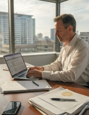 Sole trader working at city office desk