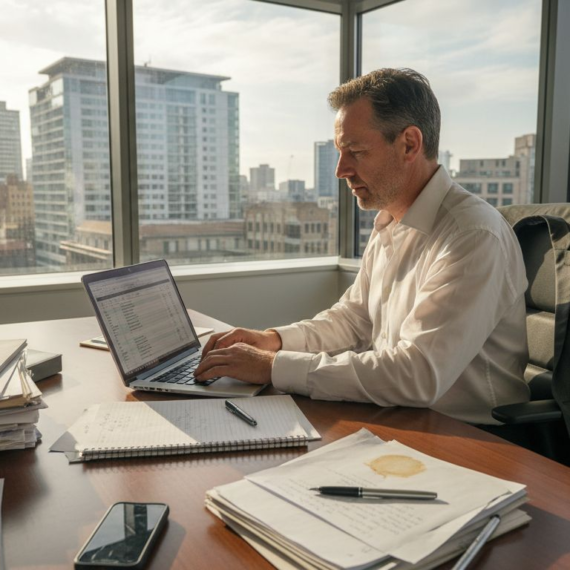Sole trader working at city office desk