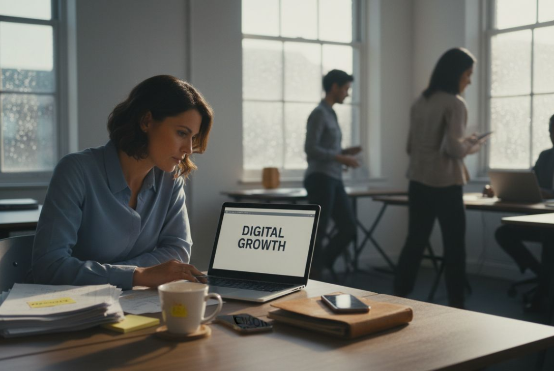 Small business owner working on digital dashboard