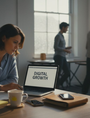 Small business owner working on digital dashboard