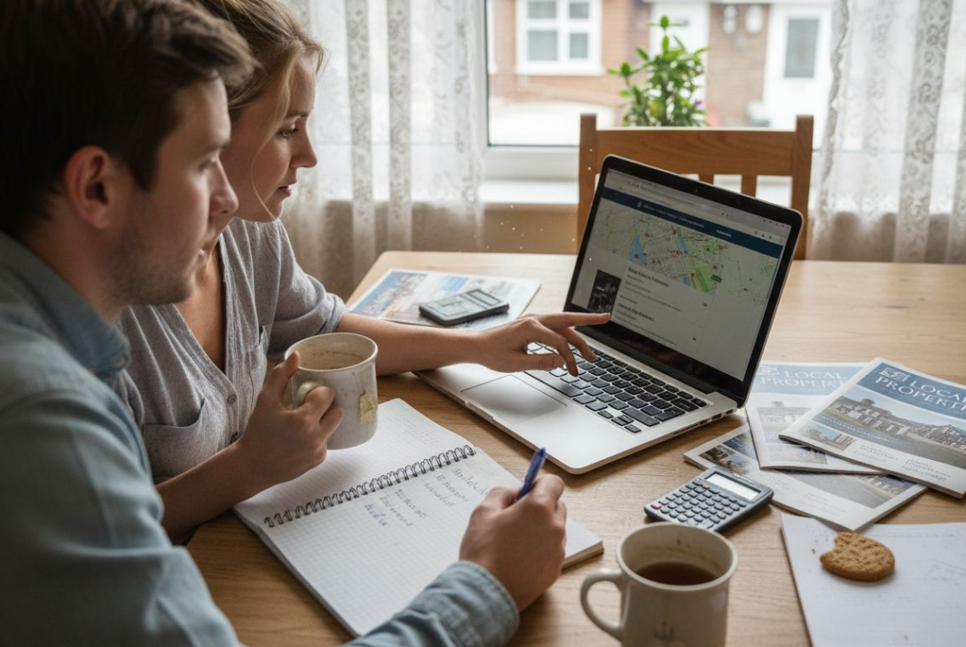 Couple reviewing UK property listings at home