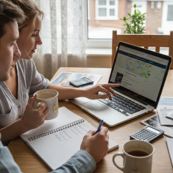 Couple reviewing UK property listings at home
