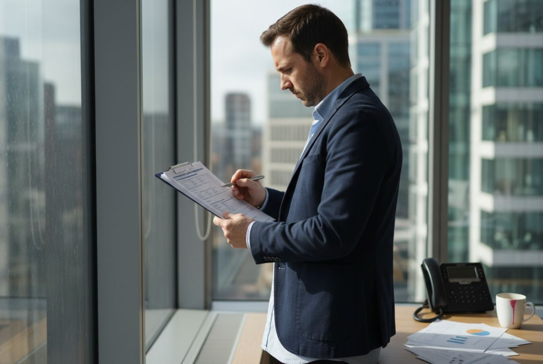 Compliance officer checking AML paperwork in office
