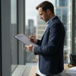Compliance officer checking AML paperwork in office