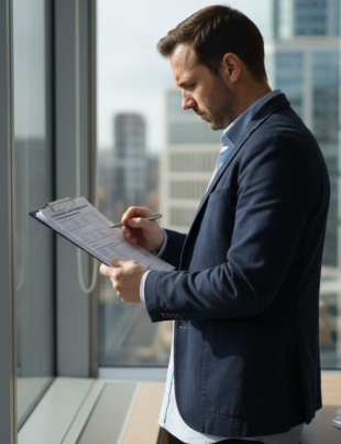 Compliance officer checking AML paperwork in office