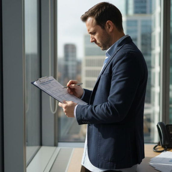 Compliance officer checking AML paperwork in office