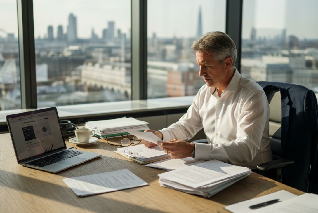 Business owner checks legal documents in UK office