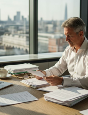 Business owner checks legal documents in UK office