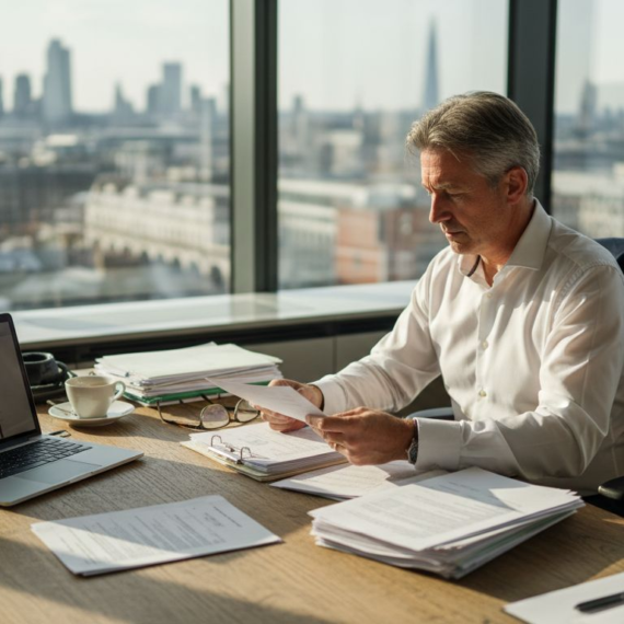 Business owner checks legal documents in UK office