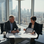 Consultants reviewing scaling strategy roadmap