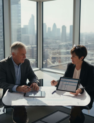 Consultants reviewing scaling strategy roadmap