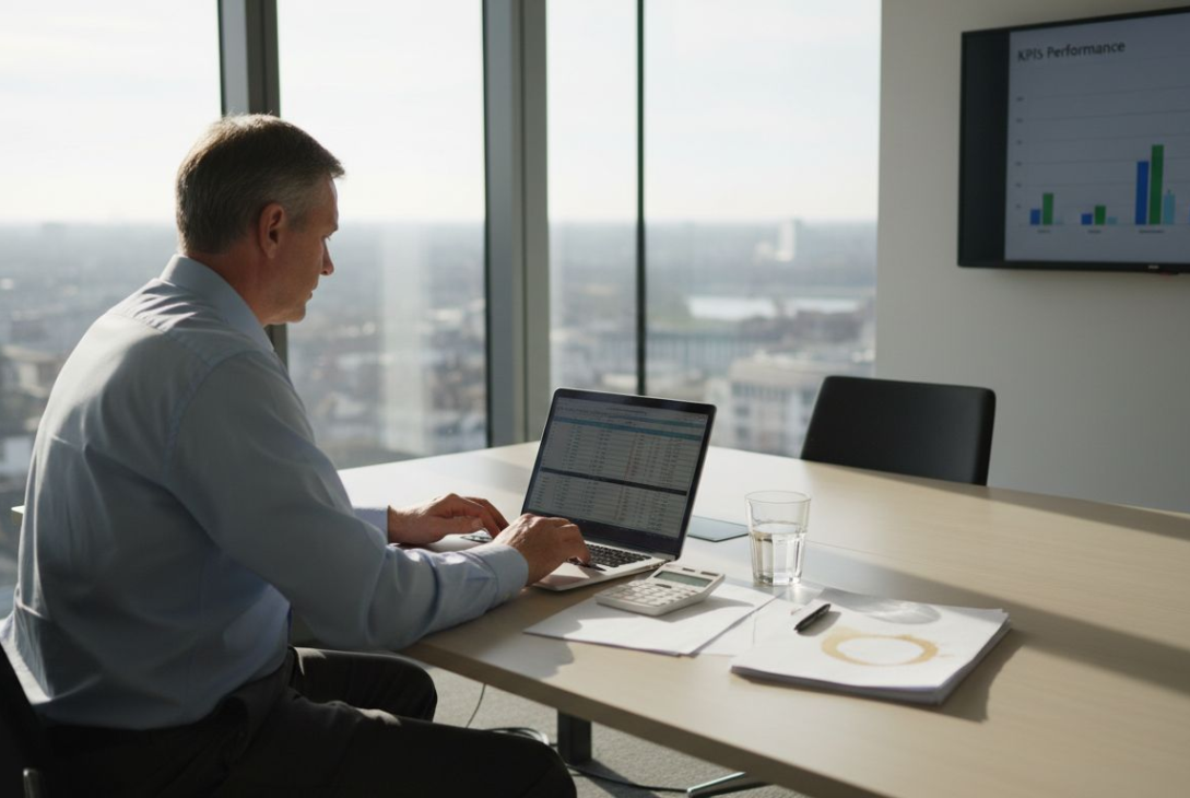 Manager reviewing KPIs in corner office