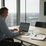 Manager reviewing KPIs in corner office