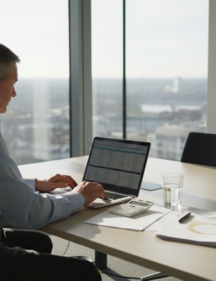 Manager reviewing KPIs in corner office