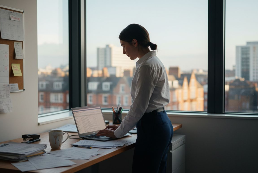 Business owner reviews VAT paperwork in UK office