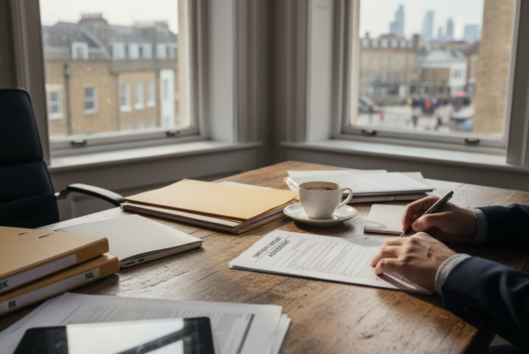 Startup founder sorting legal paperwork in corner office