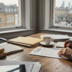 Startup founder sorting legal paperwork in corner office