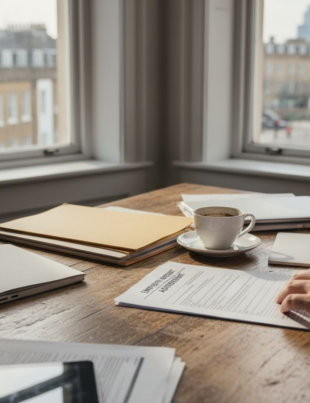 Startup founder sorting legal paperwork in corner office