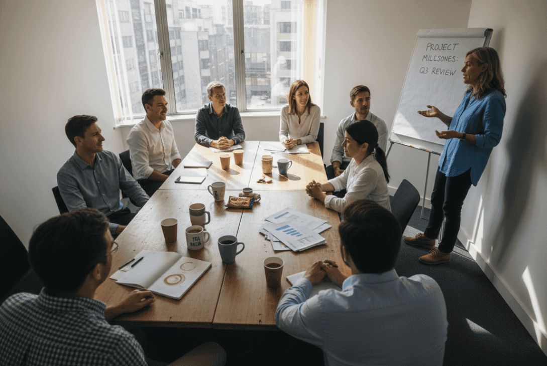 Team meeting for skill growth in office