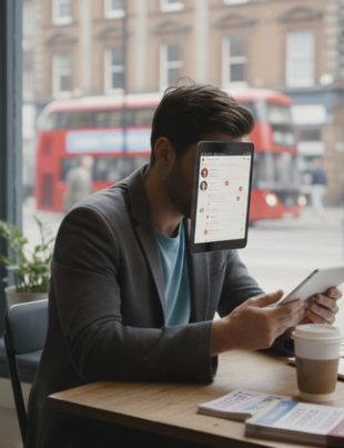 UK small business owner checking social media at desk