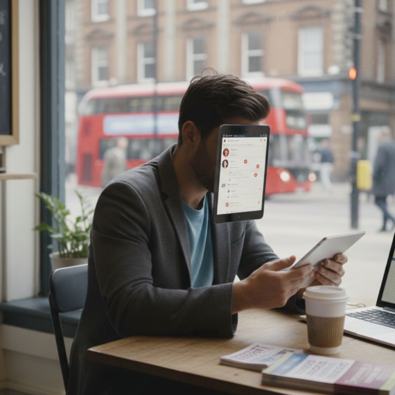 UK small business owner checking social media at desk