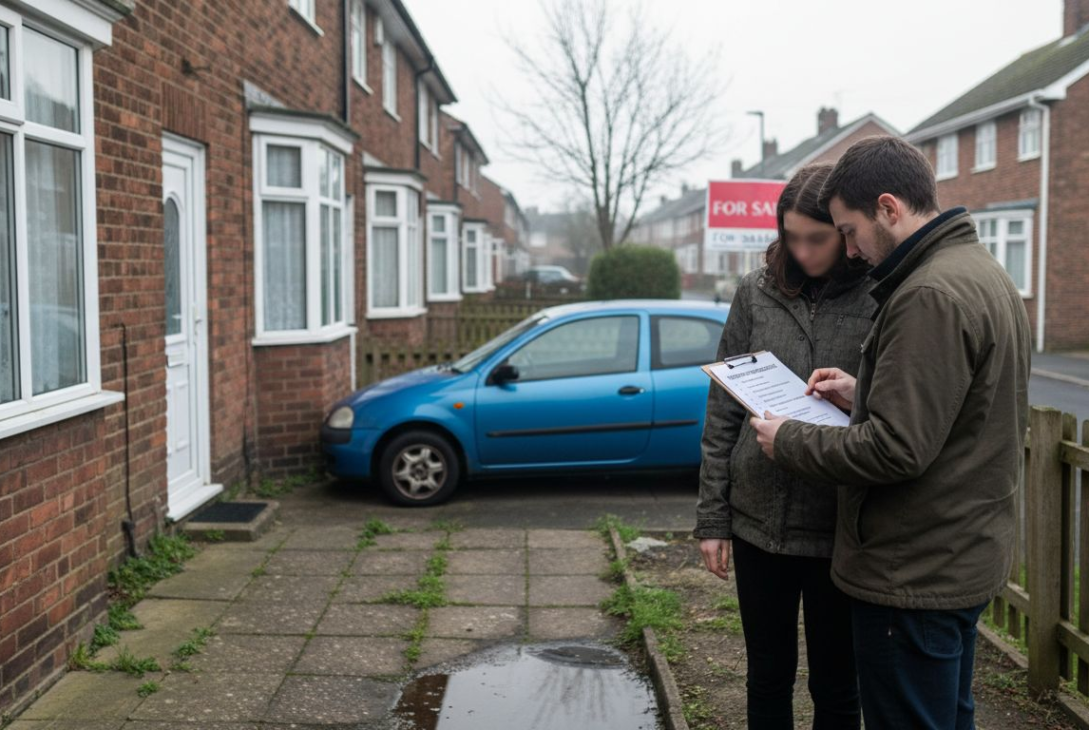 First-time buyers reviewing checklist outside UK house