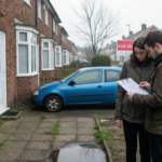 First-time buyers reviewing checklist outside UK house