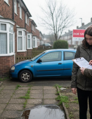 First-time buyers reviewing checklist outside UK house