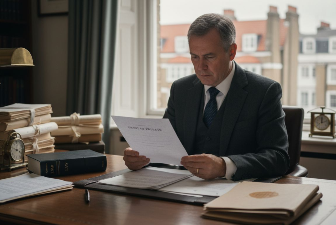 Solicitor reviewing probate documents law office