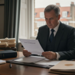 Solicitor reviewing probate documents law office