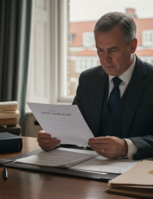 Solicitor reviewing probate documents law office