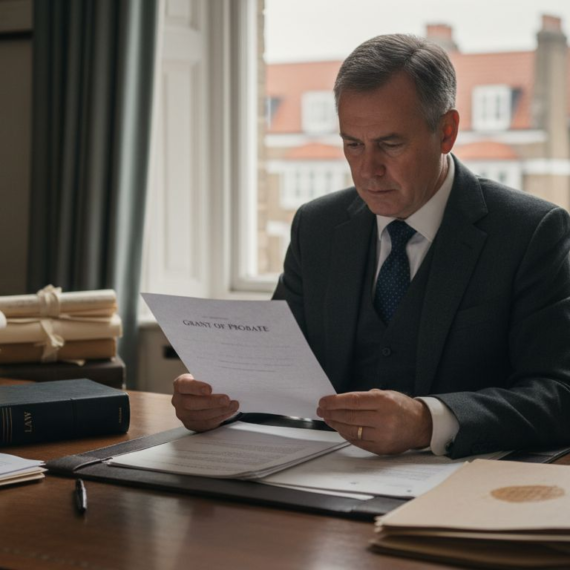 Solicitor reviewing probate documents law office