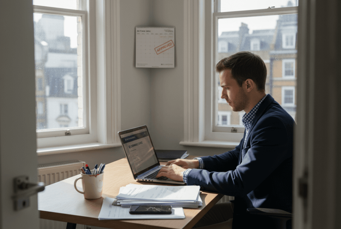 Man filling UK company registration forms in office