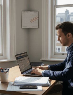 Man filling UK company registration forms in office