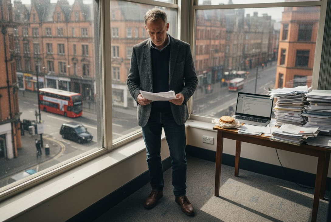 UK SME leader reading sales figures by window