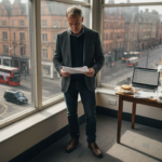 UK SME leader reading sales figures by window