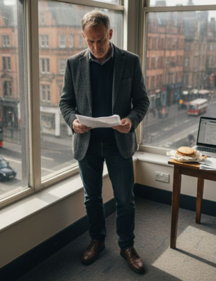 UK SME leader reading sales figures by window