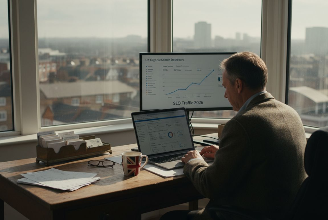 Shop owner reviewing SEO analytics in office