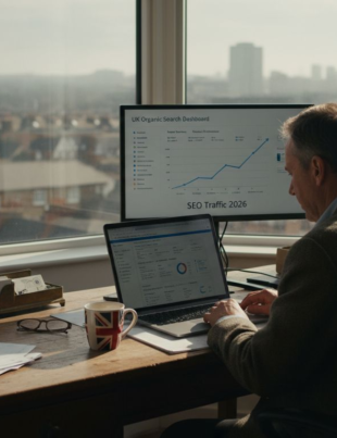 Shop owner reviewing SEO analytics in office