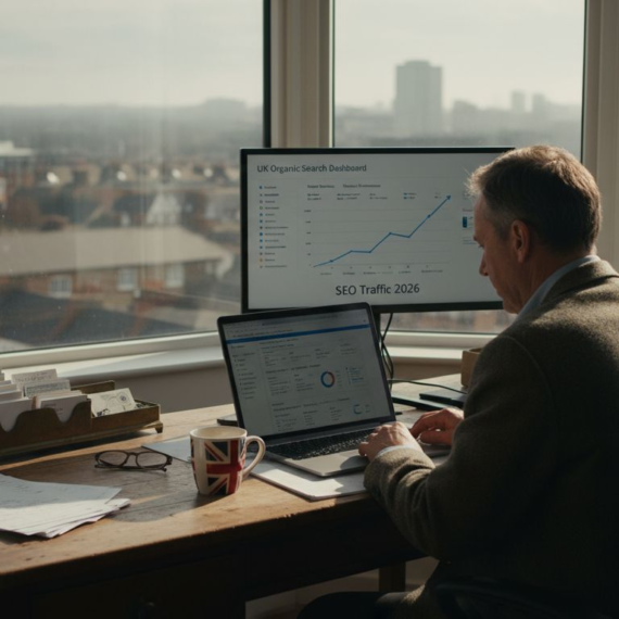 Shop owner reviewing SEO analytics in office