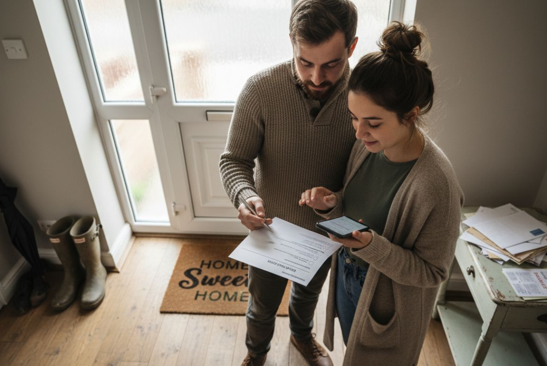 Young couple reviewing UK property tax documents