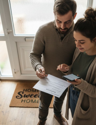 Young couple reviewing UK property tax documents