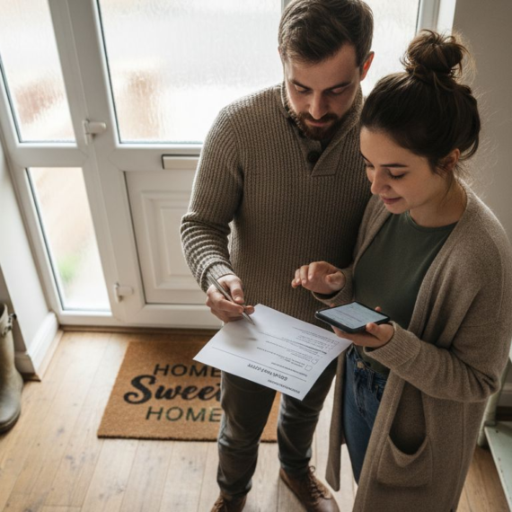Young couple reviewing UK property tax documents