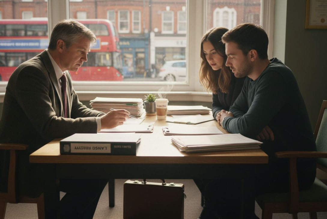 Solicitor reviews property title with young couple