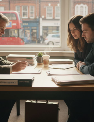 Solicitor reviews property title with young couple