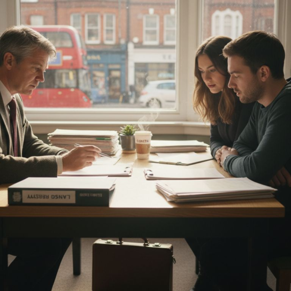 Solicitor reviews property title with young couple