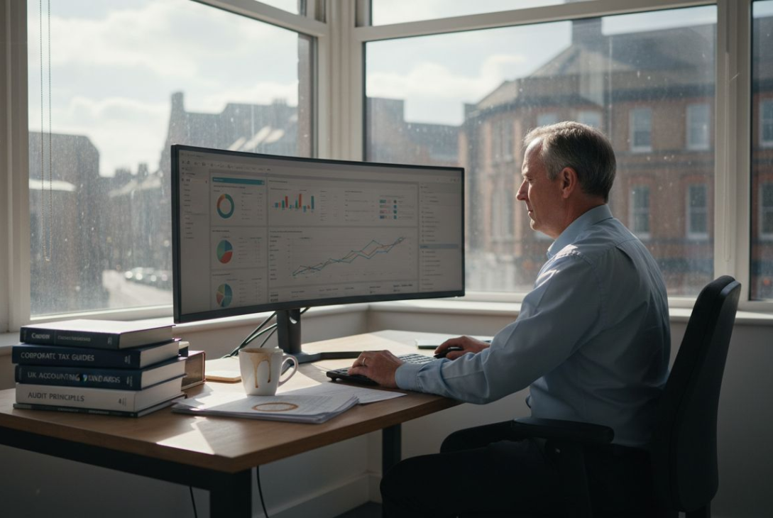 Accountant using software at corner office desk