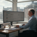 Accountant using software at corner office desk