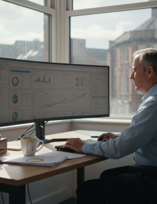 Accountant using software at corner office desk